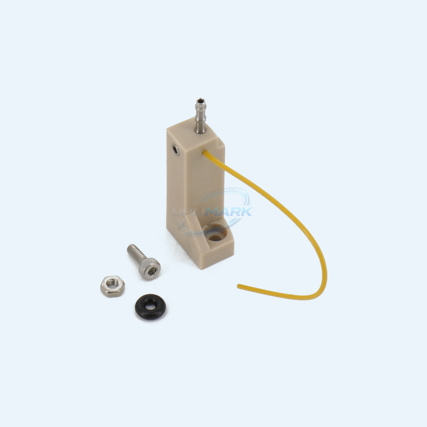 UVJ-X0311 gutter sensor assembly upright view with yellow tube and hardware