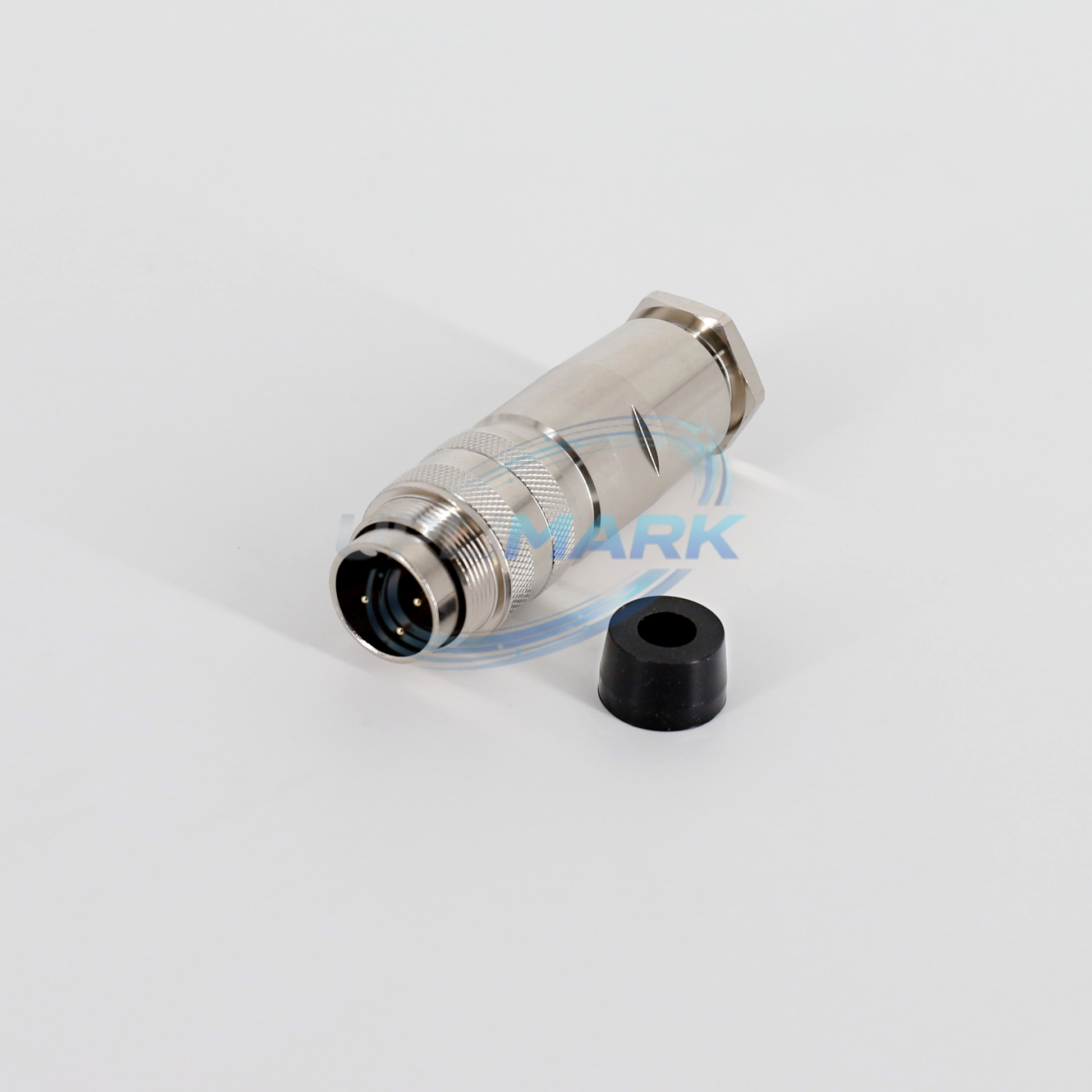 UVJ-500-0036-578-02 three-pin DIN plug side view with rubber cable boot