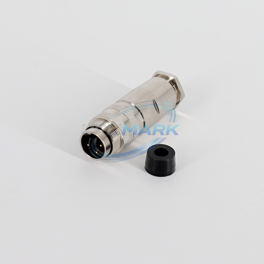 UVJ-500-0036-578-02 three-pin DIN plug side view with rubber cable boot
