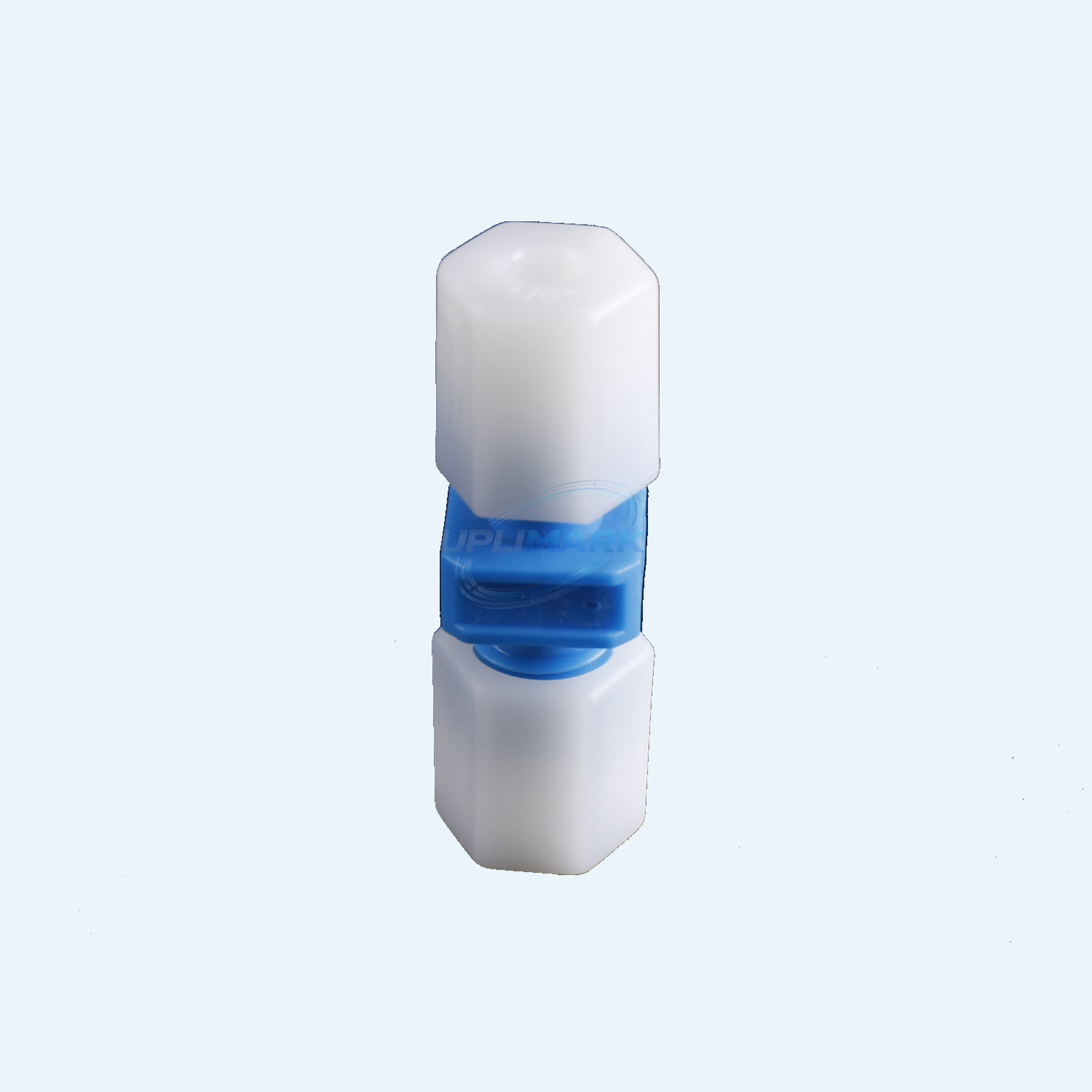 UVJ-X0245 3 mm tube butt connector upright view with blue locking ring
