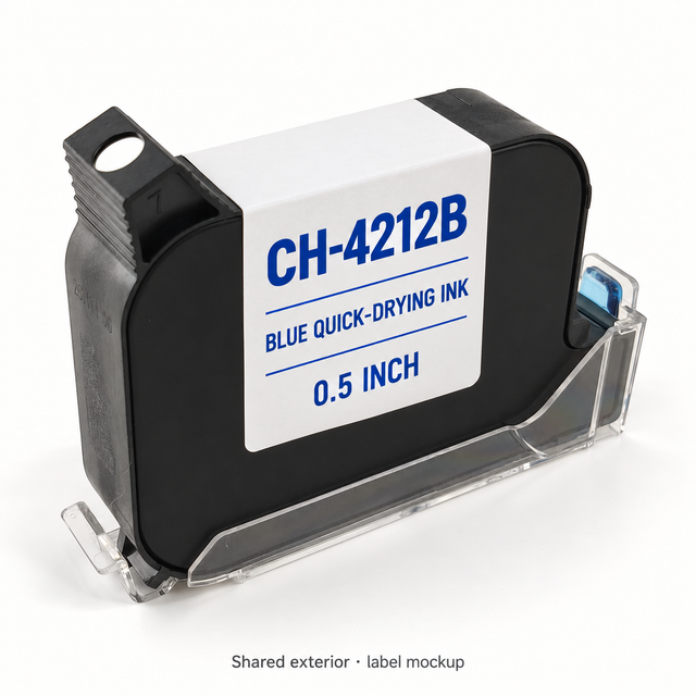 CH-4212B 0.5 inch blue quick-drying TIJ cartridge shared exterior and label mockup; appearance reference, not an actual CH-4212B sample photograph