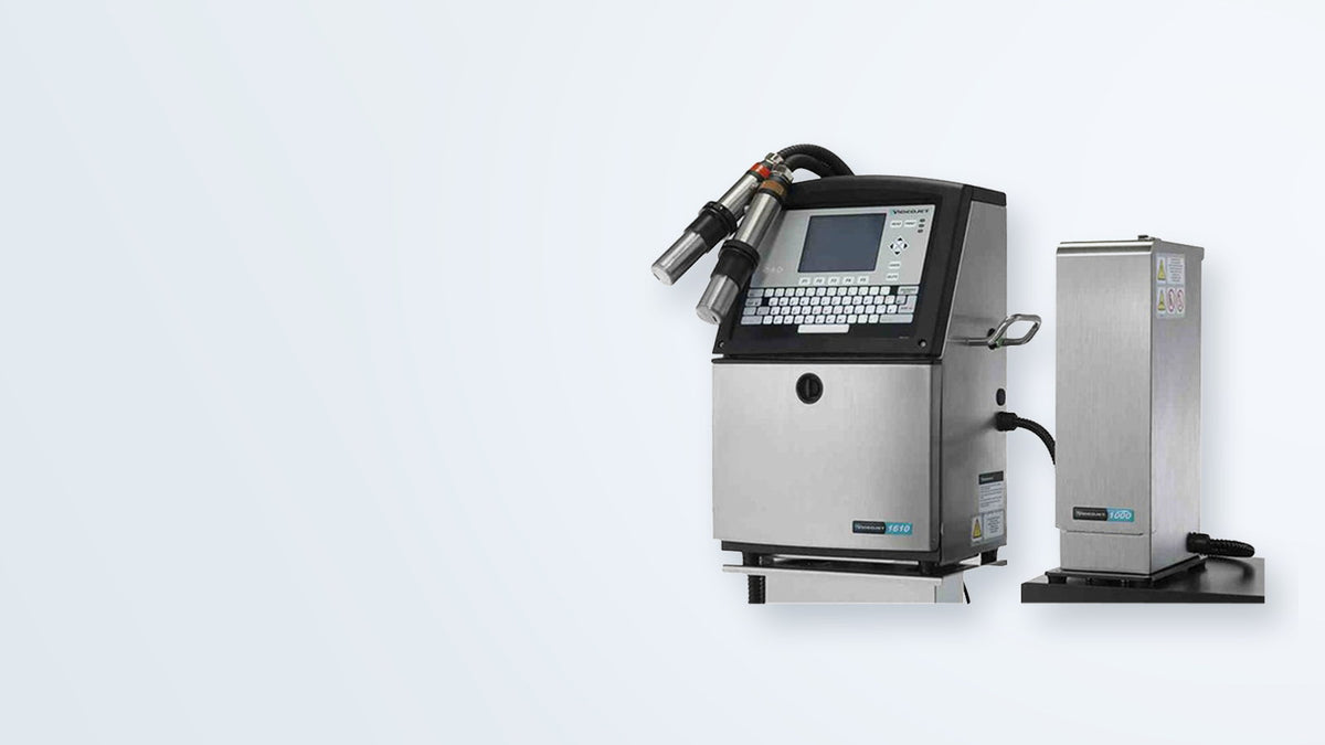 Real Videojet 1610 CIJ printer, printheads and fluid cabinet shown for industrial equipment context