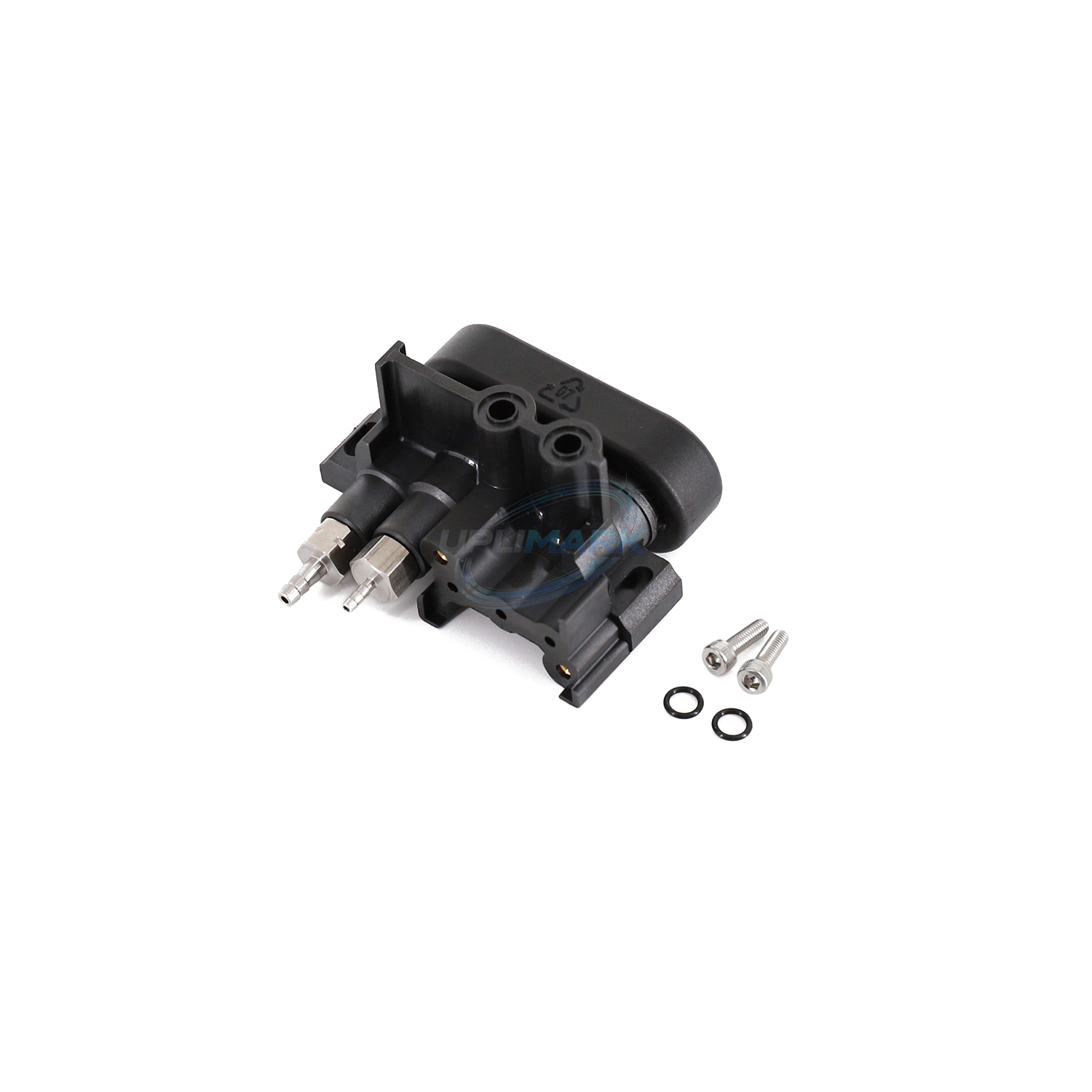 UPLIMARK UMI-X0472 solvent additive block for Markem-Imaje 9232 and 9450, port-side angle